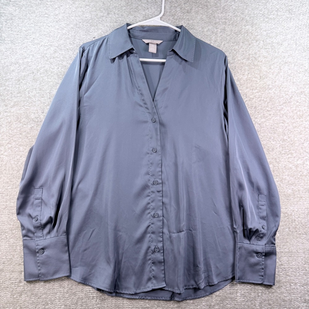 H&M Button Down Blouse Satin Stretch M Slate Blue Workwear Chic‎